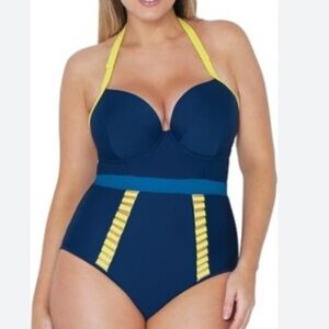 Curvy Kate Maya High Waisted underwire one piece swimsuit size 30J Navy Yellow